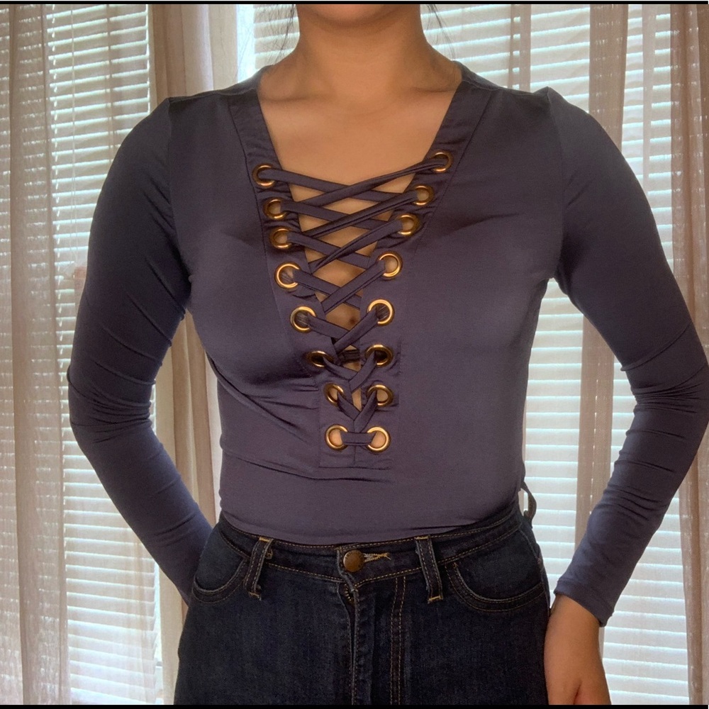 Blue One Piece Deep V Long Sleeve Top